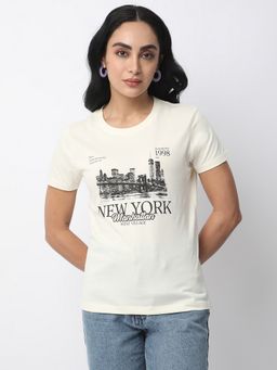 R&B - Off White Cotton Regular Fit Round Neck Graphic Print Women T-Shirt