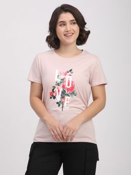 R&B - Pink Cotton Regular Fit Round Neck Graphic Print Women T-Shirt