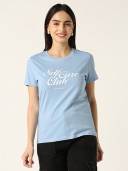 R&B - Blue Cotton Regular Fit Round Neck Typographic Printed Women T-Shirt
