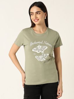 R&B - Green Cotton Regular Fit Crew Neck Graphic Print Women T-Shirt