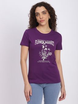 R&B - Purple Cotton Regular Fit Round Neck Graphic Print Women T-Shirt