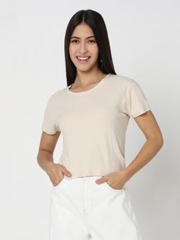 R&B - Women Beige Textured Relaxed Crop Top