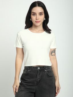 R&B - Women Ivory Textured Relaxed Crop Top