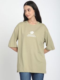 R&B - Green Viscose Blend Oversized Fit Round Neck Typographic Printed Women T-Shirt