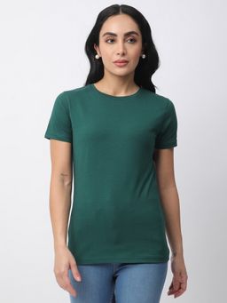R&B - Green Cotton Relaxed Fit Crew Neck Solid Women T-Shirt