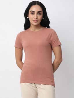 R&B - Rose Gold Cotton Relaxed Fit Crew Neck Solid Women T-Shirt