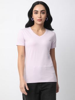 R&B - Lavender Cotton Relaxed Fit V-Neck Solid Women T-Shirt