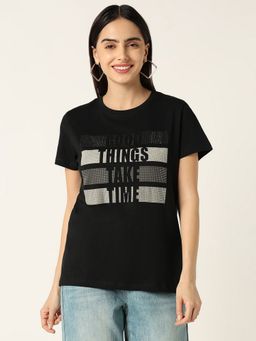 R&B - Black Cotton Regular Fit Crew Neck Typographic Printed Women T-Shirt