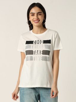 R&B - Ivory Cotton Regular Fit Crew Neck Typographic Printed Women T-Shirt