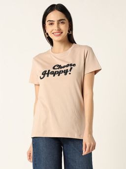 R&B - Beige Cotton Regular Fit Crew Neck Embellished Women T-Shirt