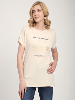 R&B - Cream Viscose Regular Fit Round Neck Graphic Print Women T-Shirt