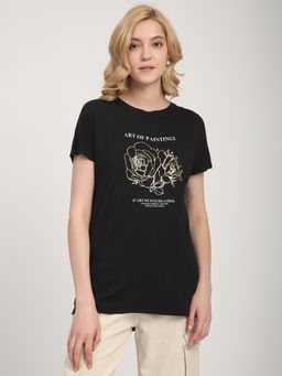 R&B - Black Viscose Regular Fit Round Neck Graphic Print Women T-Shirt