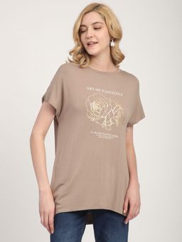 R&B - Beige Viscose Regular Fit Round Neck Graphic Print Women T-Shirt