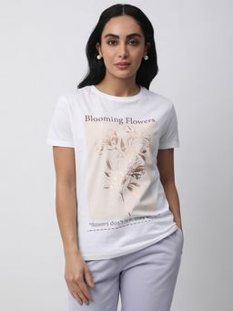 R&B - White Cotton Regular Fit Round Neck Graphic Print Women T-Shirt