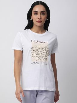 R&B - White Cotton Regular Fit Round Neck Graphic Print Women T-Shirt