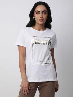 R&B - White Cotton Regular Fit Round Neck Typographic Printed Women T-Shirt