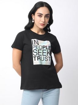 R&B - Black Cotton Regular Fit Crew Neck Typographic Printed Women T-Shirt