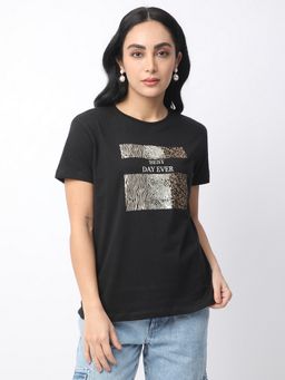 R&B - Black Cotton Regular Fit Crew Neck Graphic Print Women T-Shirt