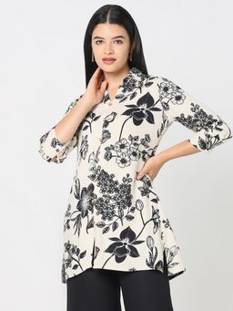 R&B - Rayon Cream A-Line Floral Printed Curved Hem Women Top