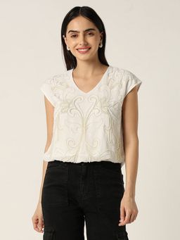 R&B - Women Ivory Embellished Regular Top