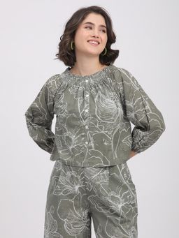 R&B - Cotton Ruffled Floral Print Smocked Neck Women Green Crop Top