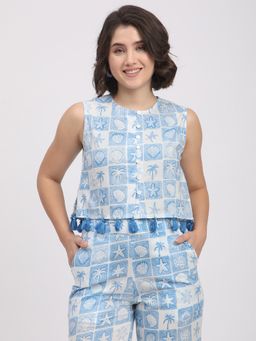R&B - Cotton Sleeveless Printed Crop with Tassel Hem Women Blue Crop Top