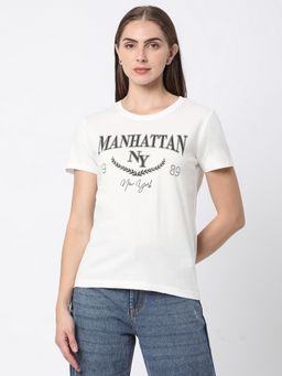 R&B - Ivory Cotton Slim Fit Round Neck Typographic Printed Women T-Shirt