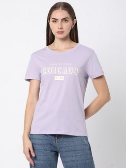 R&B - Lavender Cotton Relaxed Fit Round Neck Typographic Printed Women T-Shirt
