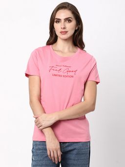 R&B - Pink Cotton Regular Fit Round Neck Typographic Printed Women T-Shirt