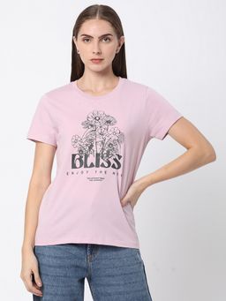 R&B - Pink Cotton Relaxed Fit Round Neck Graphic Print Women T-Shirt