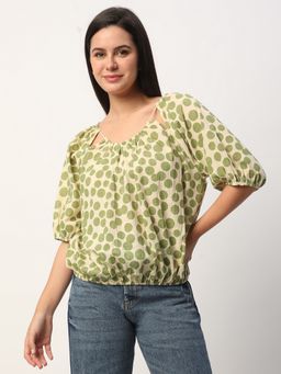 R&B - Cotton Green Ruffled Polka Dot Elasticated Hem Women Top