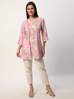 R&B - Rayon A-Line Floral Print Peach Women Top