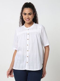 R&B - White A-Line Dobby Ruffled Neckline Women Top