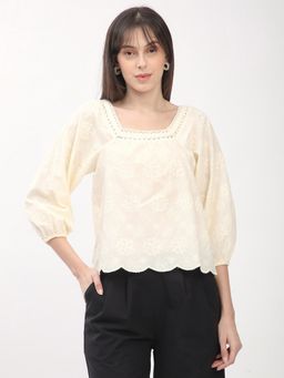 R&B - Cotton Blouse Embroidered Ruffled Hem Women Ivory Top