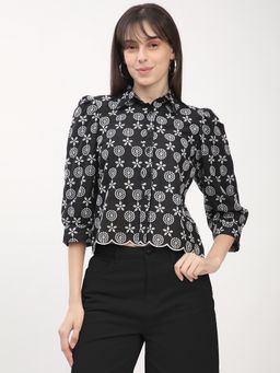 R&B - Cotton Collared Embroidered Black Women Top