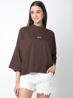 R&B - Women Brown Solid Boxy Crop Top