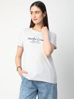 R&B - Grey Cotton Regular Fit Round Neck Typographic Printed Women T-Shirt