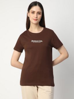 R&B - Brown Cotton Regular Fit Round Neck Typographic Printed Women T-Shirt