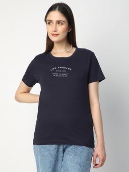 R&B - Navy Blue Cotton Regular Fit Crew Neck Typographic Printed Women T-Shirt