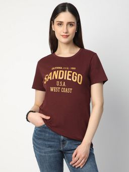 R&B - Brown Cotton Regular Fit Round Neck Typographic Printed Women T-Shirt