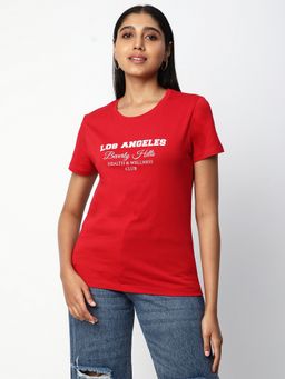 R&B - Red Cotton Regular Fit Crew Neck Typographic Printed Women T-Shirt