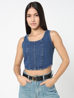 R&B - Women Blue Solid Fitted Crop Top