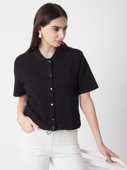 R&B - Women Textured Black Boxy Shirt