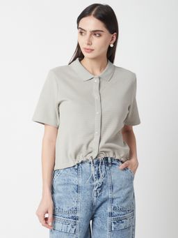 R&B - Women Textured Grey Boxy Shirt