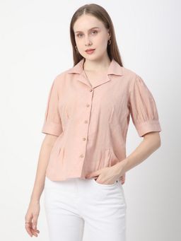 R&B - Women Peach Button-Down Textured Shirt