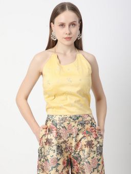 R&B - Shenton Slub Halter Neck Yellow Embroidered Tie-Back Women Crop Top
