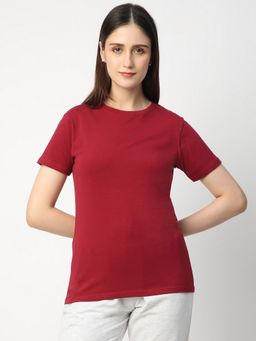 R&B - Red Cotton Blend Regular Fit Crew Neck Solid Women T-Shirt