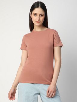 R&B - Peach Cotton Blend Regular Fit Crew Neck Solid Women T-Shirt