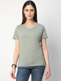 R&B - Green Cotton Blend Regular Fit V-Neck Solid Women T-Shirt