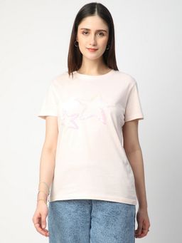 R&B - Pink Cotton Regular Fit Round Neck Sequined Women T-Shirt